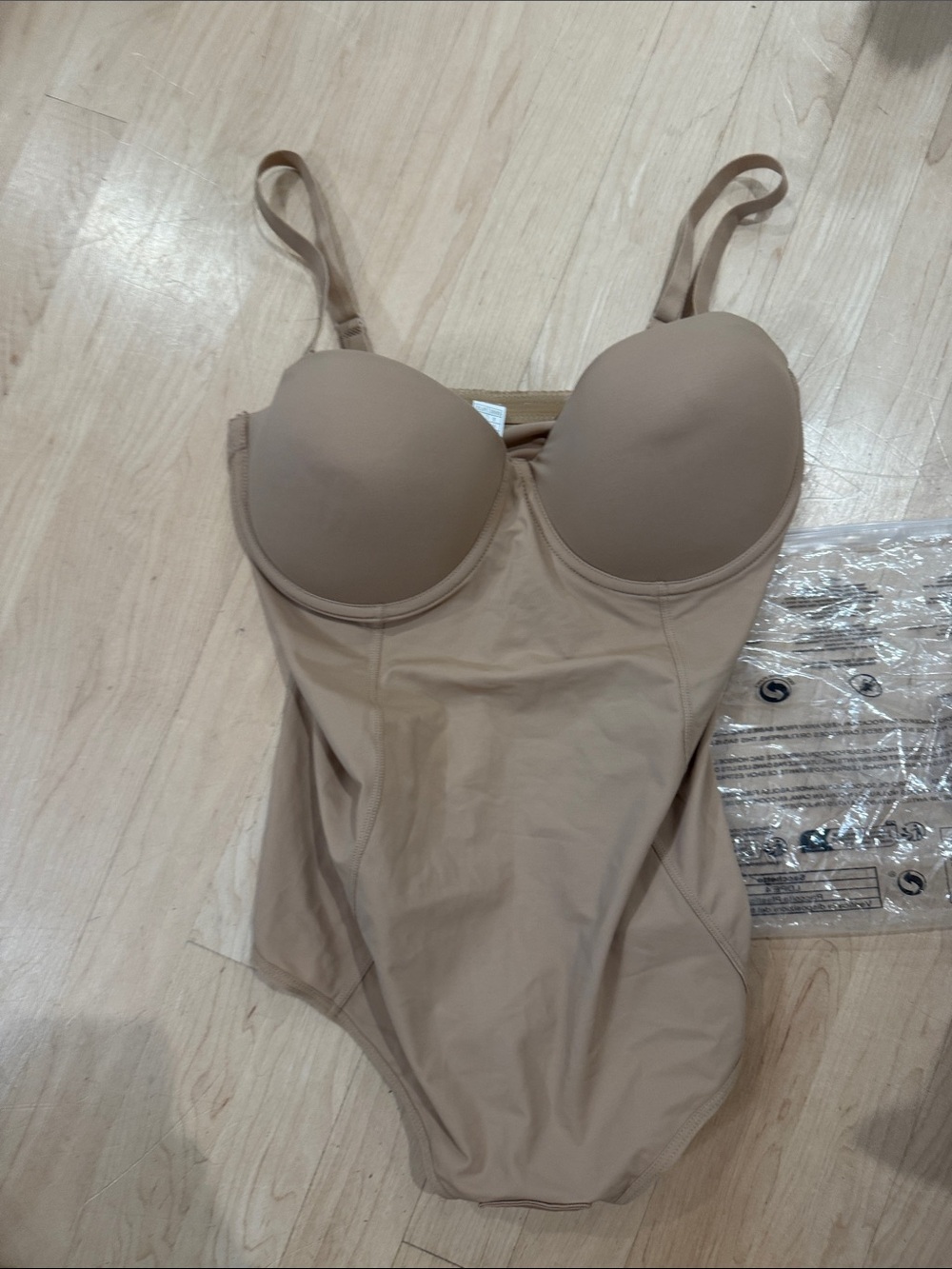Beige Convertible Shaping Bodysuit with Built-In Cups